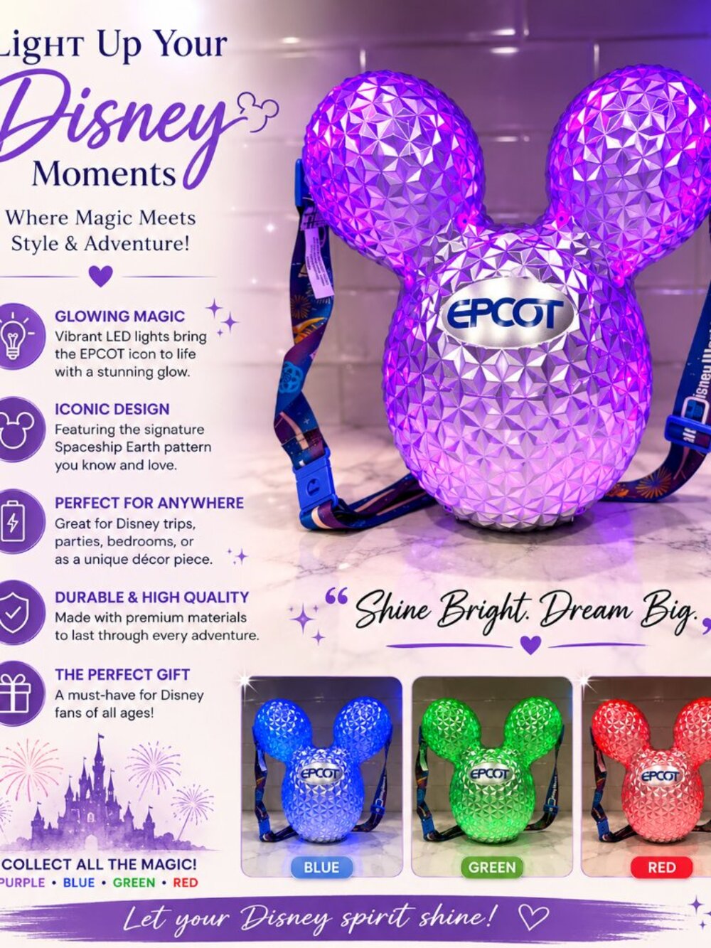Disney EPCOT Light-Up Mickey Ear Crossbody Bag in Purple and Silver